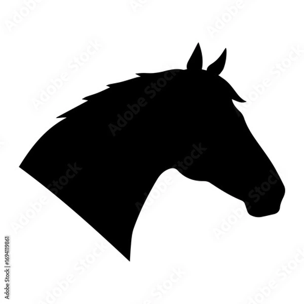 Fototapeta horse head silhouette in profile with upright ears and flowing mane black illustration isolated on white background concept of equestrian identity ranch farming veterinary design branding advertising
