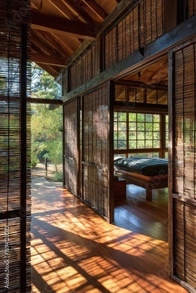 Obraz Tranquil interior of a wooden house with bamboo partitions, showcasing natural light filtering through the windows and creating shadows on the warm wooden floors.