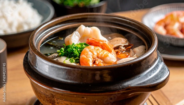 Fototapeta 冬の食卓, シーフード鍋料理のアップ
