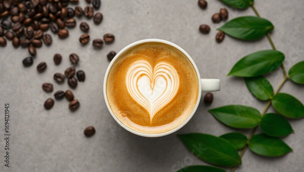 Fototapeta International Coffee Day, Top view of a cappuccino with latte art heart inside, surrounded by roasted beans and coffee leaves, flat modern design.