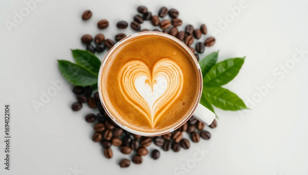Fototapeta International Coffee Day, Top view of a cappuccino with latte art heart inside, surrounded by roasted beans and coffee leaves, flat modern design.