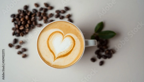 Fototapeta International Coffee Day, Top view of a cappuccino with latte art heart inside, surrounded by roasted beans and coffee leaves, flat modern design.
