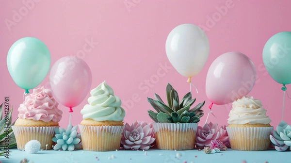 Fototapeta Pastel celebration scene with pink and blue balloons, frosted cupcakes on a white stand, succulents in pots, and delicate decorations, creating a cheerful, modern, and sweet party atmosphere full of c