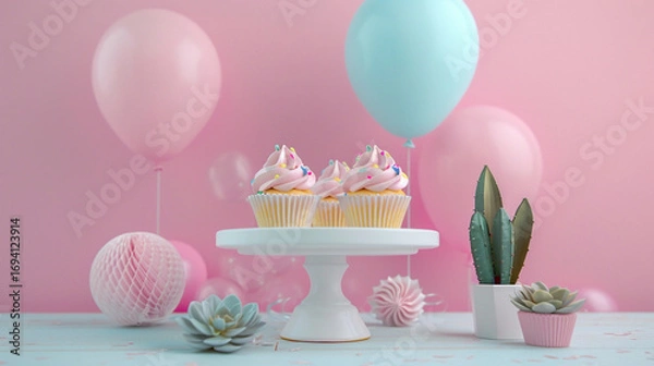 Fototapeta Pastel celebration scene with pink and blue balloons, frosted cupcakes on a white stand, succulents in pots, and delicate decorations, creating a cheerful, modern, and sweet party atmosphere full of c