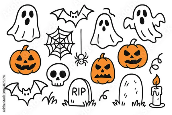 Fototapeta Halloween doodle set with spooky ghosts, scary pumpkins, bats, and skulls. Vector cartoon illustration collection for holiday design. Hand drawn horror icons. Isolated elements.