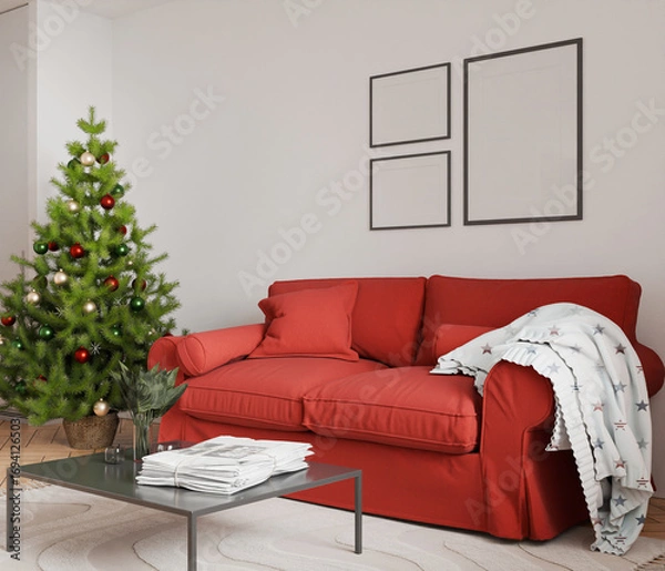Fototapeta Christmas interior frame, living room poster empty in home design new year, element mockup annual holidays, 3d render.	