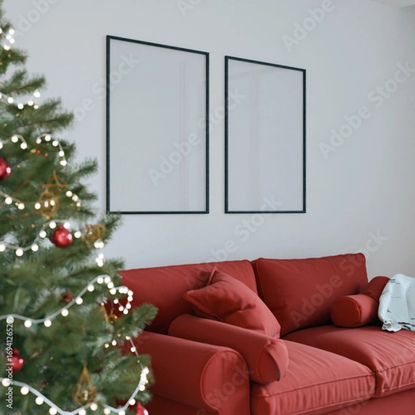 Fototapeta Christmas interior two frame, living room poster empty in home design new year, element mockup annual holidays, 3d render.	