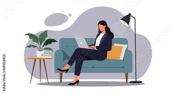 Fototapeta Professional woman works remotely on a laptop from a comfortable sofa at home. Ideal for business, freelance, and modern lifestyle concepts.