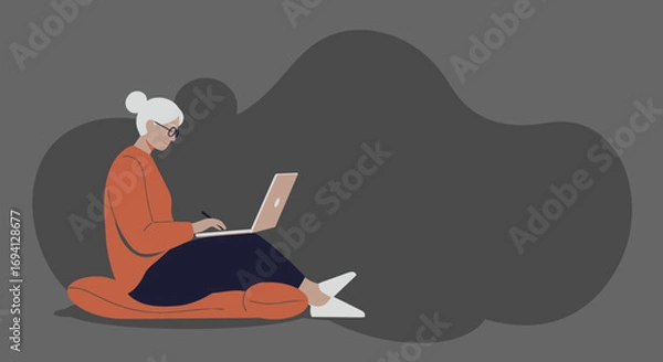 Fototapeta Focused senior woman working on a laptop with a stylus, representing digital literacy, remote work, and creative productivity for older adults.