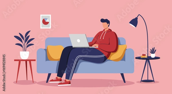 Fototapeta Man comfortably working from home on a laptop, illustrating remote work, productivity, and modern lifestyle in a relaxed setting.