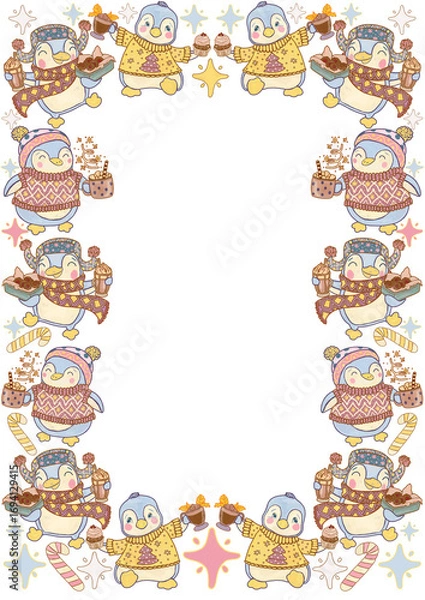 Fototapeta Cute penguins in cozy sweaters with cookies, cupcakes and cocoa. Christmas festive frame. Transparent isolated border for card design.