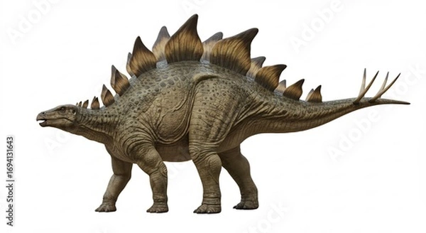 Fototapeta Kraftvoller Stegosaurus detailliert gezeigt naturgetreues Modell weiches Licht. AI Generated