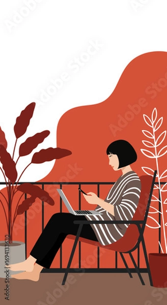 Fototapeta Woman working remotely on laptop and phone from a comfortable balcony or patio. Modern digital lifestyle and relaxation.