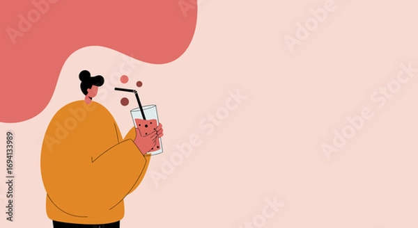 Fototapeta Minimalist illustration of a person holding a refreshing fruit drink with a straw against a soft pink background. Ideal for lifestyle, wellness, or beverage promotions.