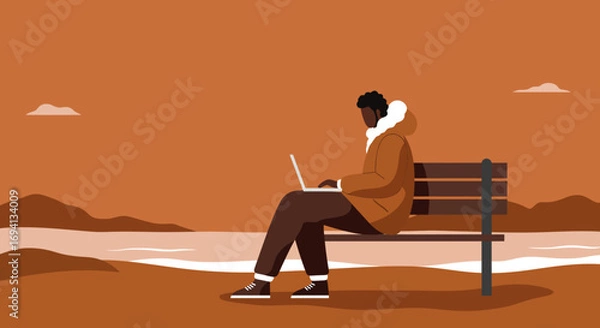 Fototapeta A man works remotely on his laptop from a scenic outdoor bench overlooking water and hills, embodying flexible modern work and a digital lifestyle.
