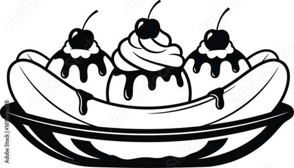 Fototapeta Illustration of a banana split, a classic dessert with ice cream, banana, chocolate syrup, whipped cream, and cherry