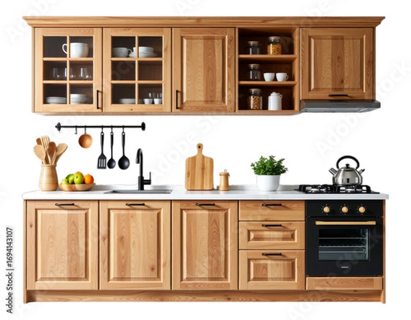 Fototapeta Wooden Kitchen Cabinet with White Countertop, Light Brown on Transparent Background, Modern Kitchen Design Element