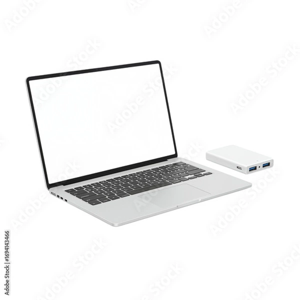 Fototapeta Modern laptop computer open beside a compact portable power bank for mobile device charging and connectivity transparent background
