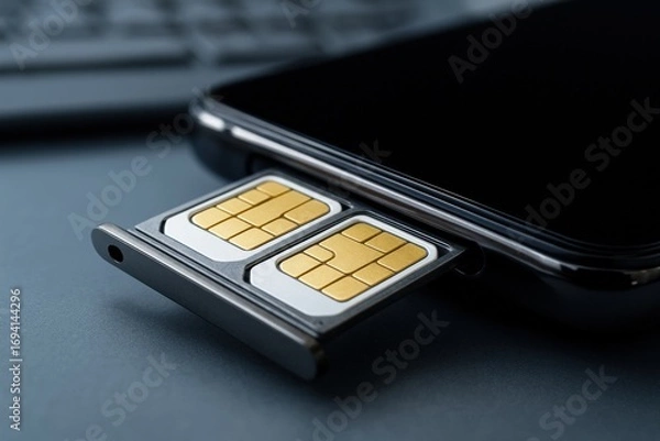 Fototapeta Close-up shows dual SIM card tray being inserted into smartphone, highlighting modern technology and global communication