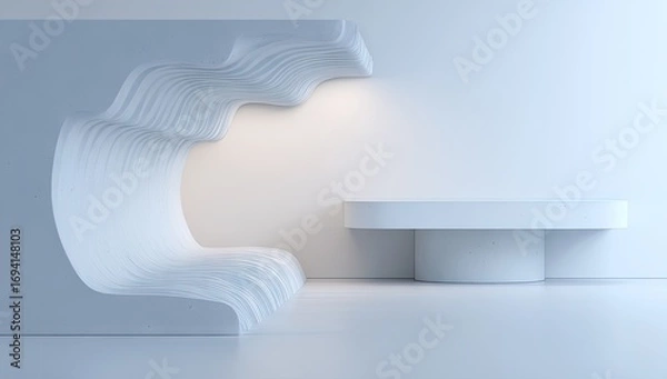 Obraz A minimalist, light-filled interior design featuring a smooth, white reception desk, accentuated by layered, wavy wall panels.