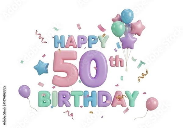 Obraz Happy 50th Birthday Typography with Balloons and Stars