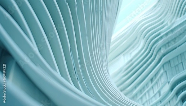 Obraz A mesmerizing interior view of a futuristic building, showcasing layered, light-blue architectural structures in a dynamic spiral design.