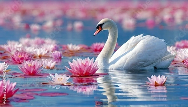 Obraz A serene swan glides gracefully amidst a vibrant array of pink and white water lilies, creating a captivating tableau of tranquil beauty.