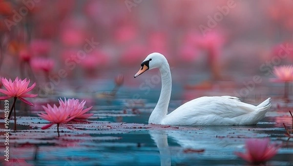 Obraz A serene swan glides gracefully amidst a profusion of vibrant pink water lilies, bathed in a soft, ethereal light.