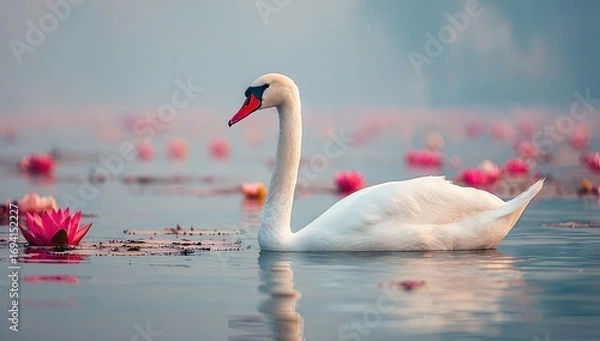 Obraz A serene swan gracefully glides across a tranquil water surface, surrounded by delicate pink water lilies, bathed in soft morning light.