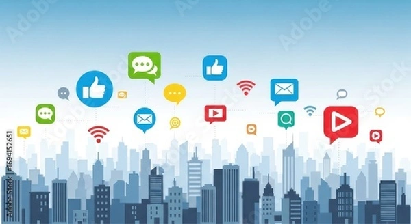 Fototapeta Global communication and social networking concept with various digital media icons connecting over a modern city skyline