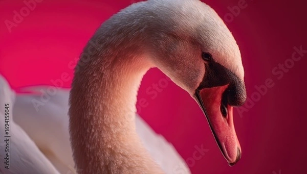 Obraz Close-up portrait of a swan's elegant head and neck, set against a vibrant, bold fuchsia background.  The delicate plumage and subtle highlights emphasize the bird's graceful posture.
