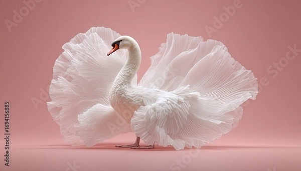 Obraz Elegant white swan with dramatic, pleated, flowing feathers against a soft pink backdrop.