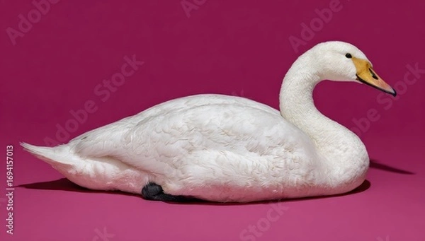 Obraz A pristine white swan reclines against a vibrant magenta background, showcasing its delicate plumage and elegant form.