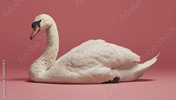 Obraz A serene, elegant swan rests gracefully on a soft, rosy background, showcasing delicate feather details and a tranquil mood.