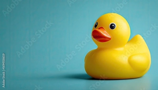 Obraz A vibrant yellow rubber duckling stands out against a soft teal backdrop.