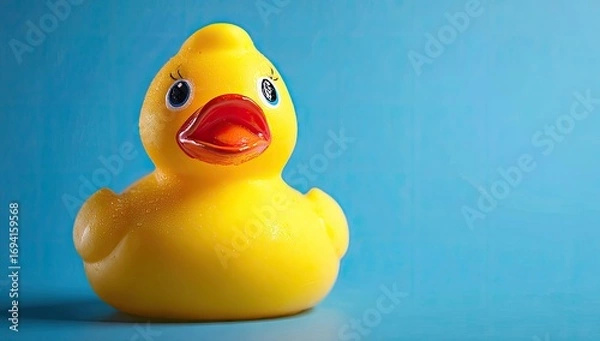 Obraz A cheerful yellow rubber duck sits against a vibrant blue background, highlighting its playful and simple design.