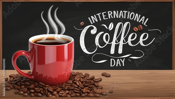 Fototapeta International Coffee Day, a steaming hot coffee cup in a red ceramic mug placed on a wooden table, surrounded by roasted coffee beans. Elegant typography ‘International Coffee Day’ on a chalkboard-sty