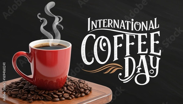 Fototapeta International Coffee Day, a steaming hot coffee cup in a red ceramic mug placed on a wooden table, surrounded by roasted coffee beans. Elegant typography ‘International Coffee Day’ on a chalkboard-sty