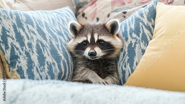 Fototapeta Raccoon sitting in a pile of pillows, indoor cozy nook