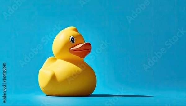 Obraz A bright yellow rubber duck sits against a vibrant azure backdrop, showcasing simple charm and playful vibrancy.