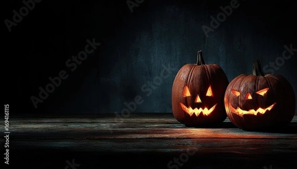 Obraz Two glowing jack-o'-lanterns sit on a weathered wooden surface against a dark, textured backdrop, creating a spooky Halloween scene.