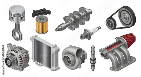 Fototapeta Engine parts collection isolated on white background showing automotive components