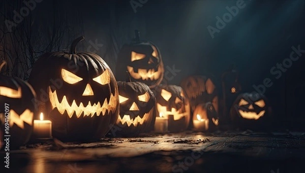 Obraz Glowing jack-o'-lanterns stand in a spooky, dark setting, illuminated by warm candlelight.