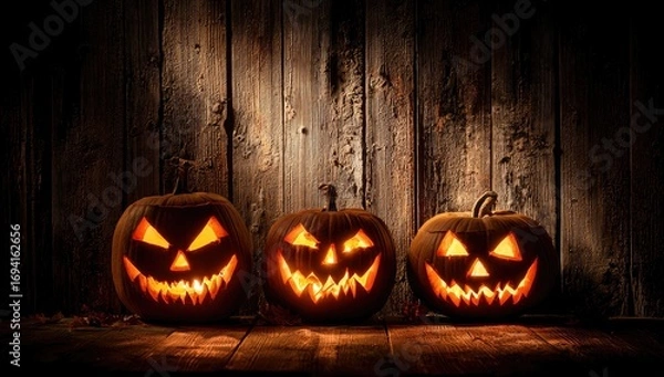 Obraz Three illuminated carved pumpkins, with eerie faces, are displayed against a rustic wooden background, creating a spooky Halloween scene.