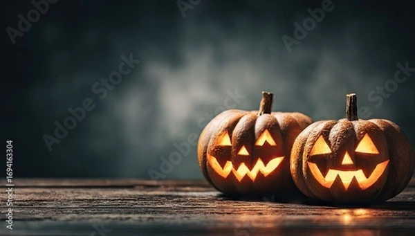 Obraz Two carved jack-o'-lanterns, illuminated from within, sit on a weathered wooden surface against a dark, moody backdrop.