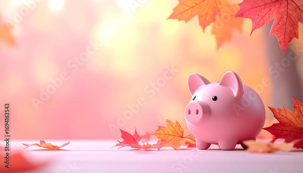 Fototapeta Autumn Savings: A cute piggy bank surrounded by vibrant, colorful fall foliage on a soft, blurred background, representing financial planning.