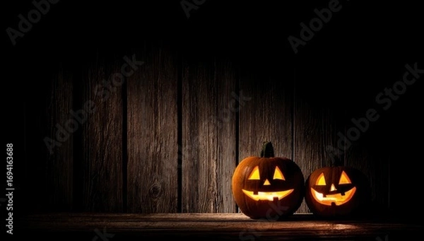 Obraz Two glowing jack-o'-lanterns sit on a rustic wooden surface against a dark wooden wall, creating a captivating Halloween scene.