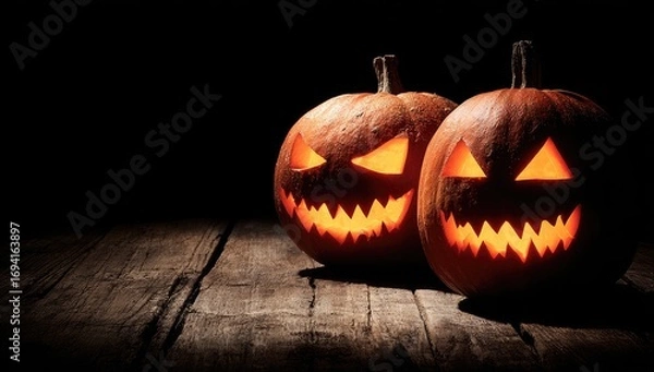 Obraz Two spooky jack-o'-lanterns illuminate a rustic wooden surface against a dark backdrop, creating an eerie Halloween ambiance.