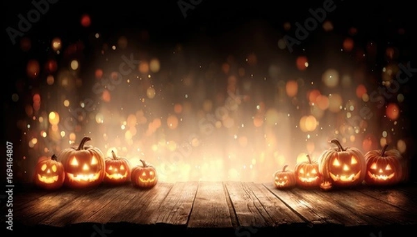 Obraz Illuminated jack-o'-lanterns sit on a rustic wooden surface, bathed in a warm, glowing light against a backdrop of bokeh, creating a captivating Halloween scene.