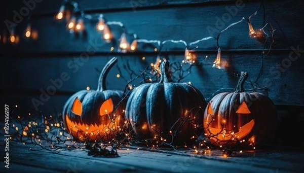 Obraz Three carved pumpkins, illuminated by warm fairy lights, sit against a backdrop of dark wooden planks, creating a spooky Halloween ambiance.